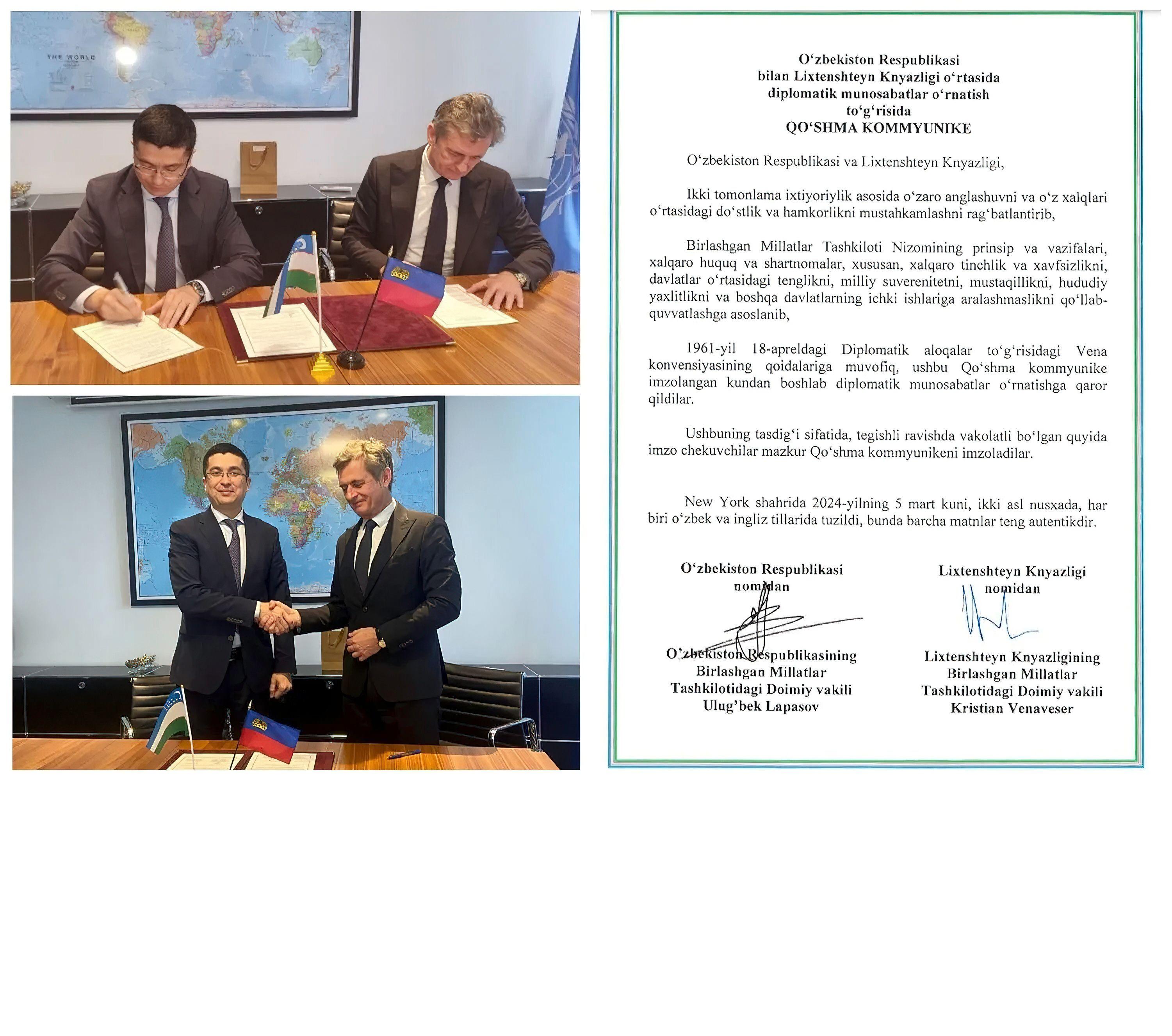 Uzbekistan establishes diplomatic relations with Liechtenstein
