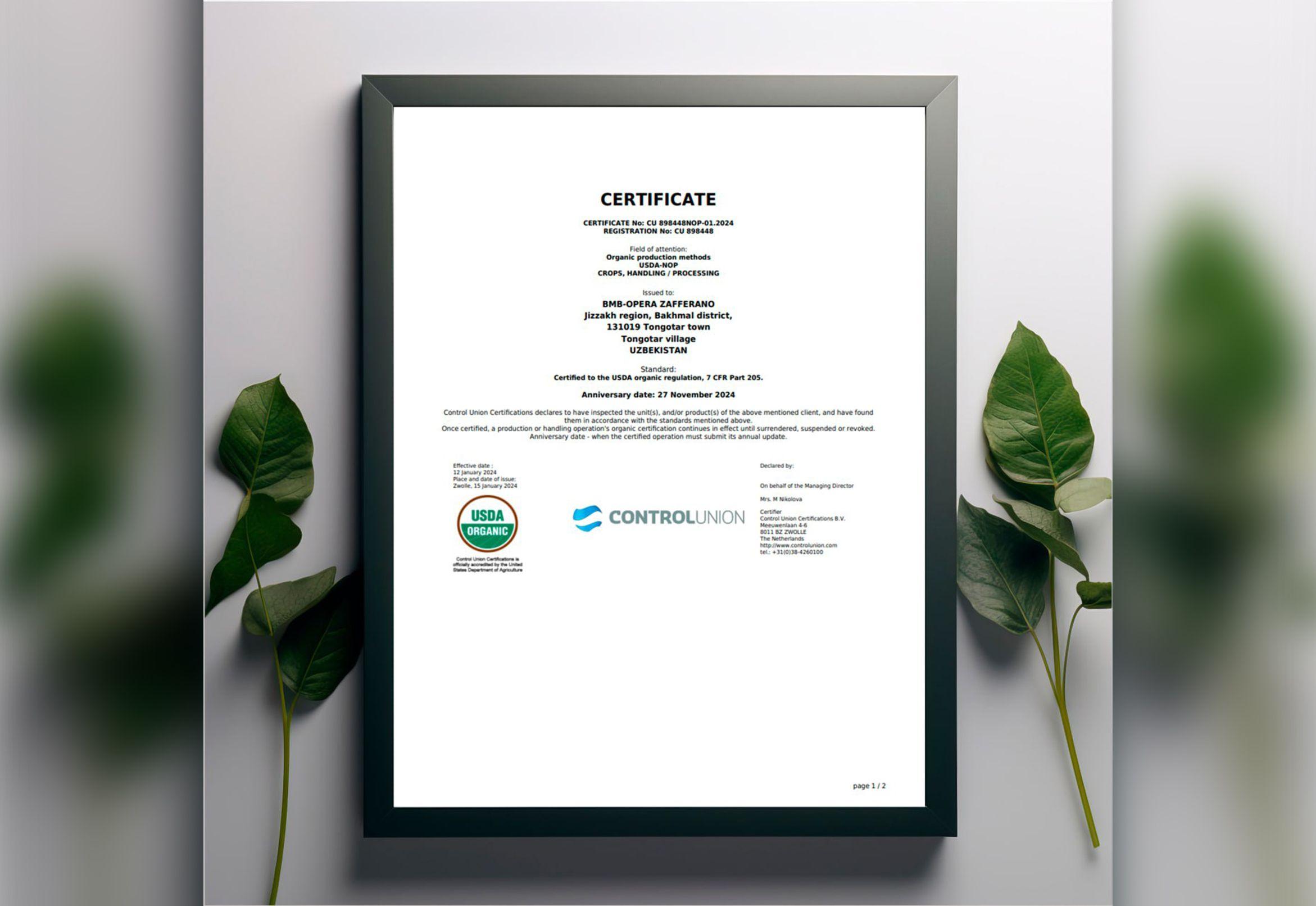BMB Za’faron USDA Organic sertifikatini oldi